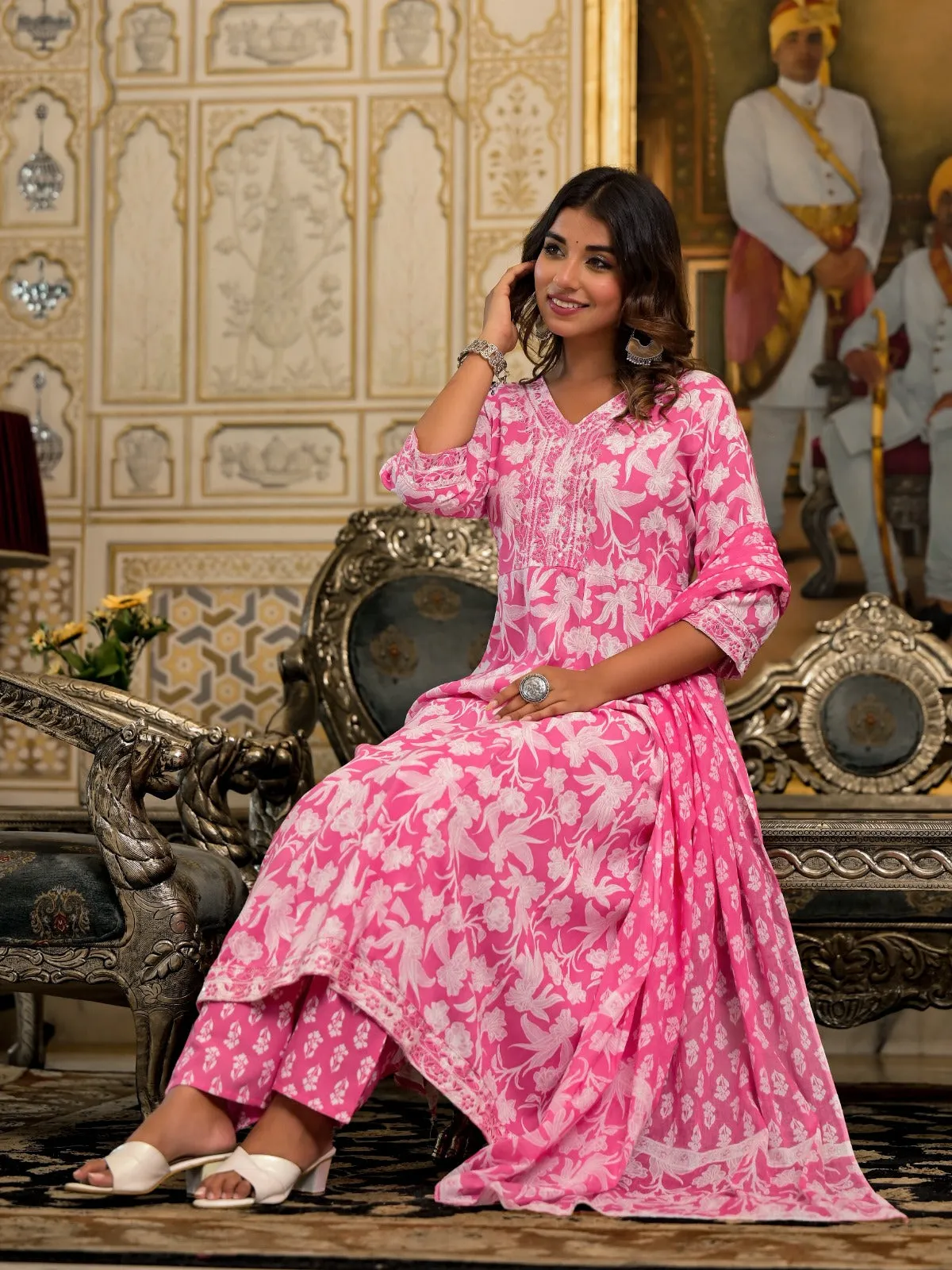 Juniper Pink Floral Printed Rayon Kurta Set With Thread & Mirror Work