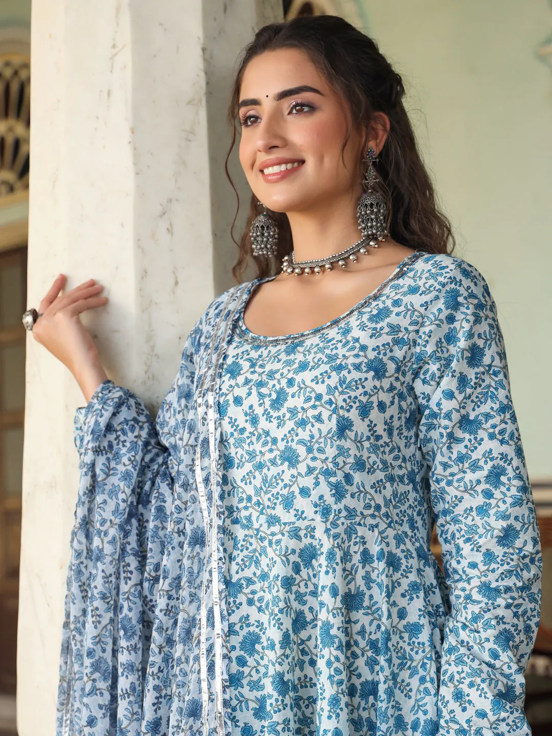 Juniper Women’s Blue Cambric Floral Printed Circular Kurta & Dupatta Sets