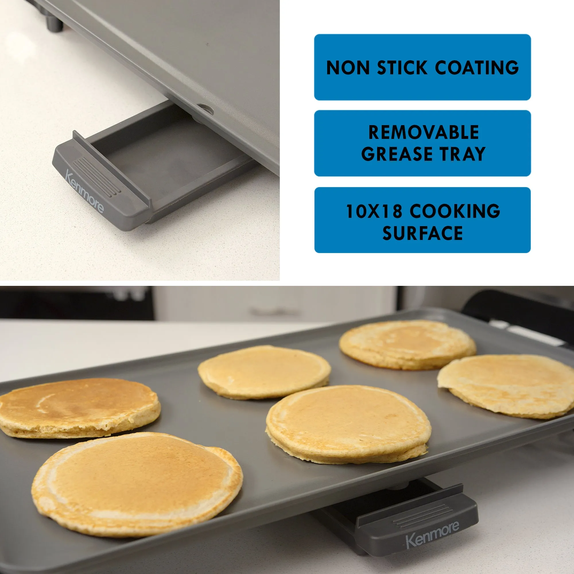 Kenmore Non-Stick Electric Griddle with Removable Drip Tray, Black, 10" x 18" Cooking Surface, Compact Countertop Cooking, Grill, Sauté, Fry