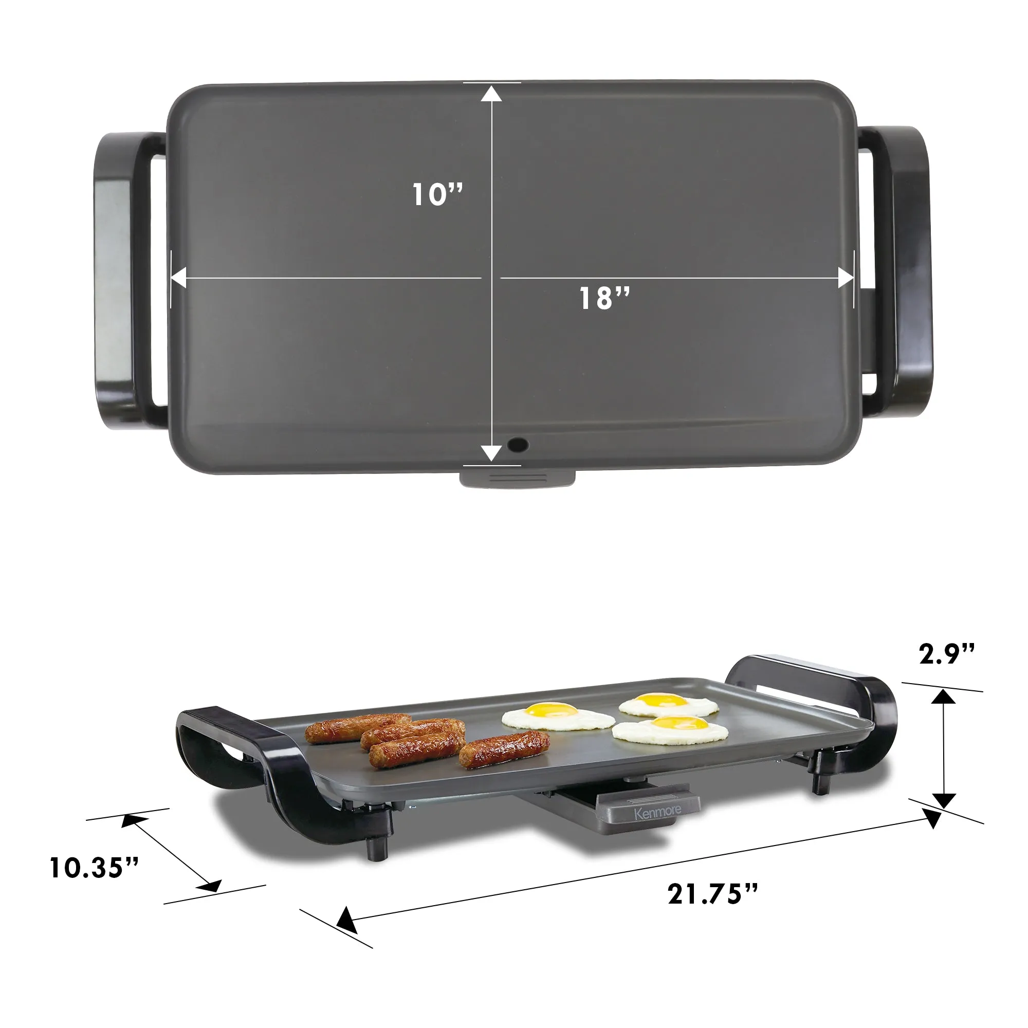 Kenmore Non-Stick Electric Griddle with Removable Drip Tray, Black, 10" x 18" Cooking Surface, Compact Countertop Cooking, Grill, Sauté, Fry