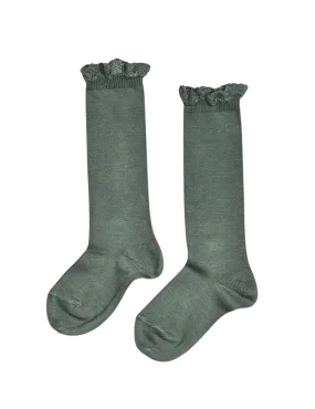 Knee Socks with Lace Edging - Lichen Green