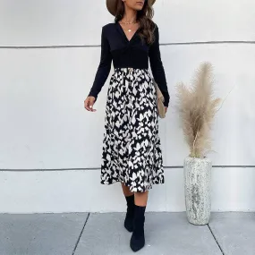 Leopard Contrast V-neck Twisted Buttoned Midi Dress