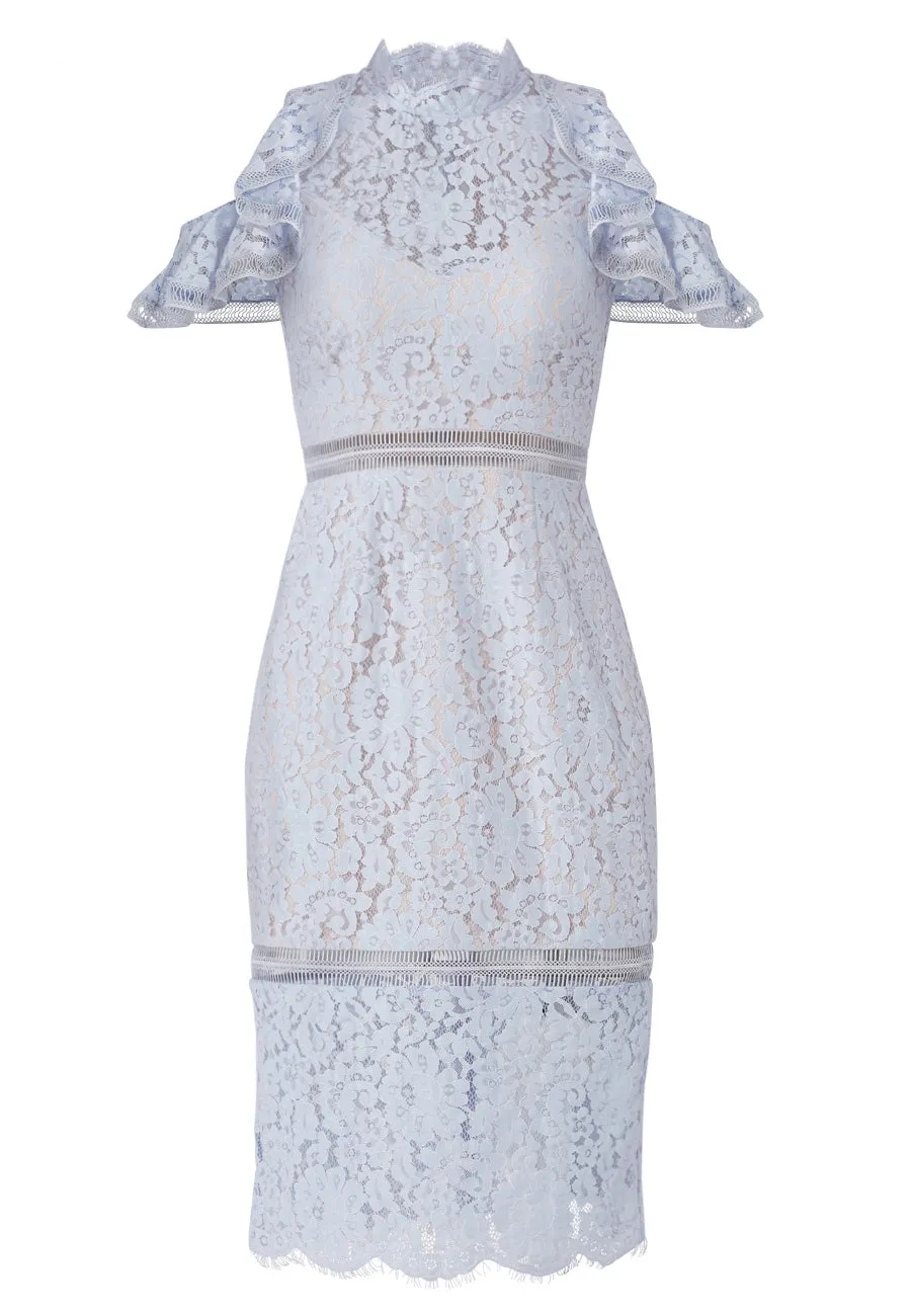 Light Blue Oblivion Cold Shoulder Lace Midi Dress (Pre-loved)