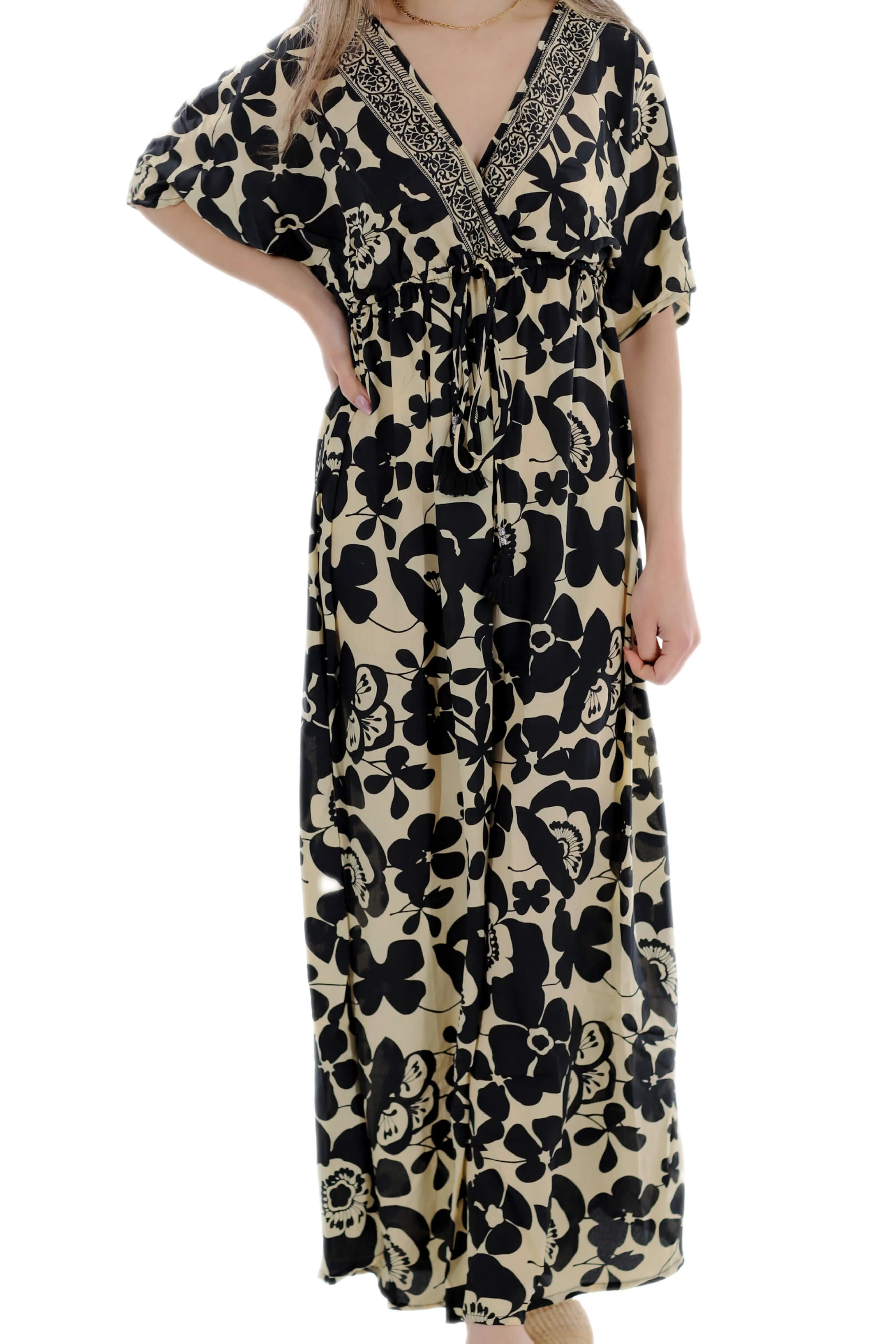 Long Flowy Floral 'Amalia' Maxi Dress in Black/Ivory