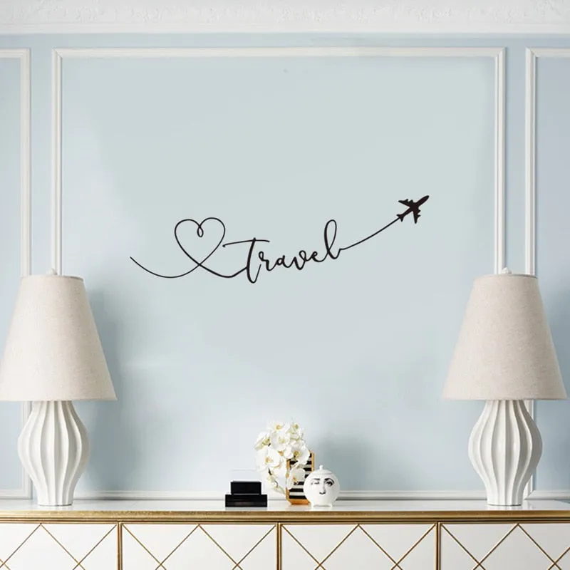 Love Travel Wall Decal PVC Decorative Wall Sticker Heart Travel Themed Typographic Quote Word Art Creative DIY Removable Self-Adhesive Wall Decoration