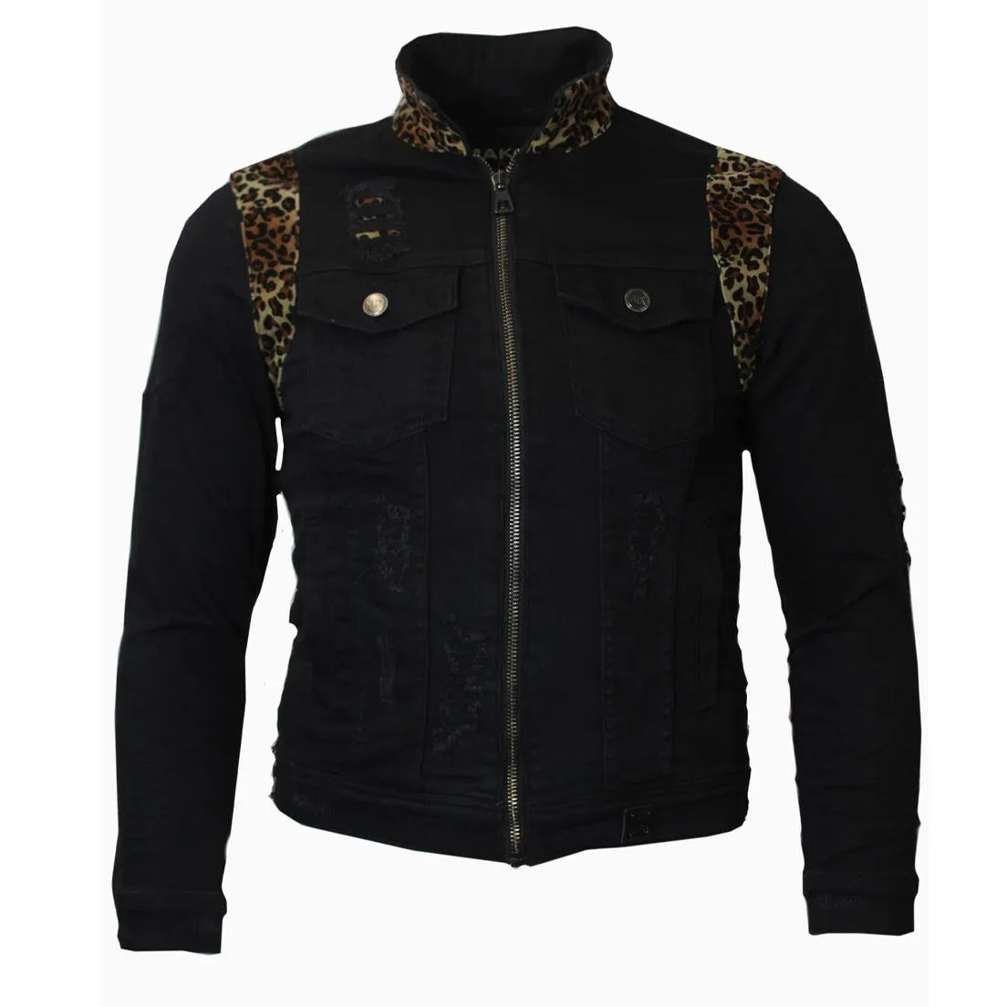 M1082 Denim Jacket with Leopard Print - Black