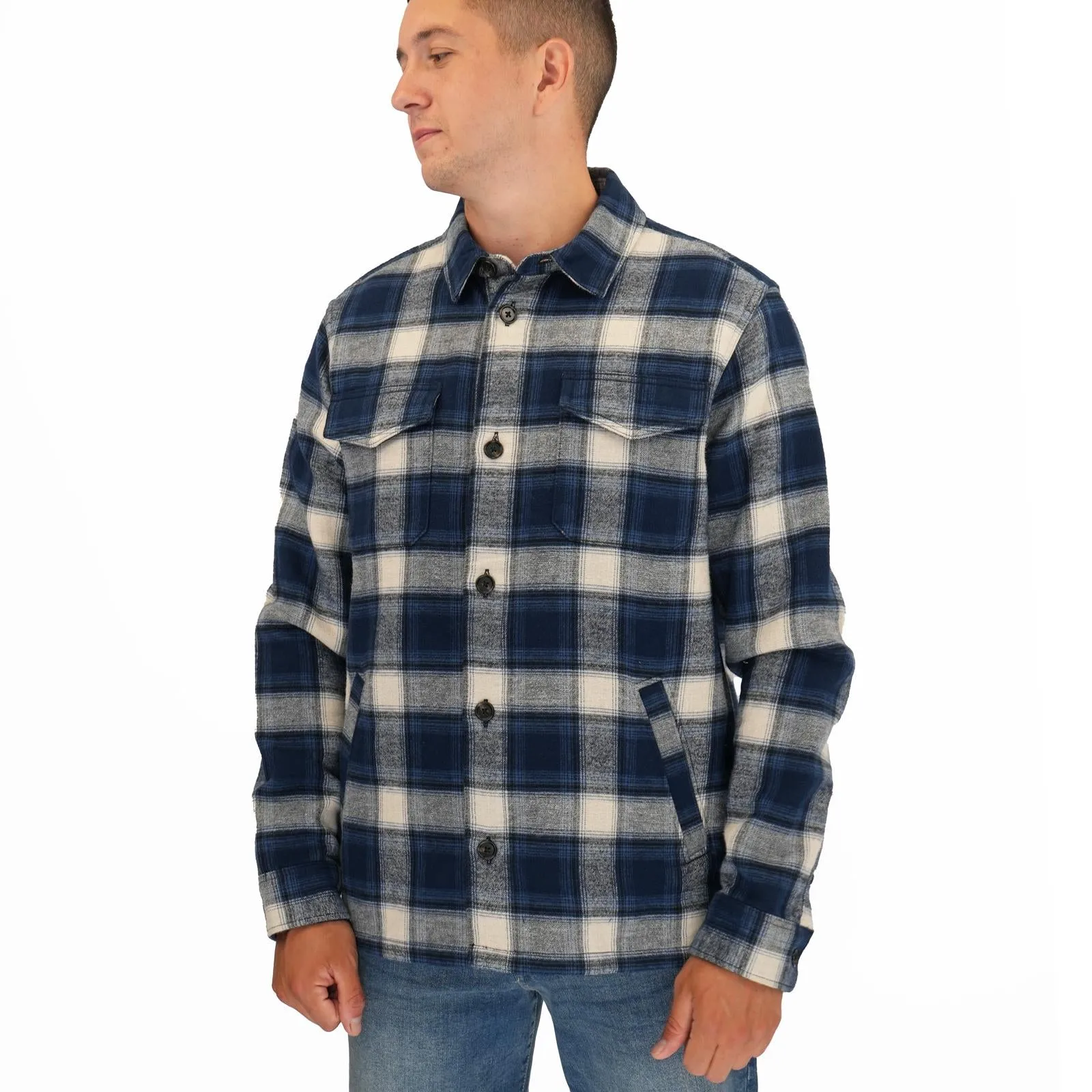 M&S Mens Cotton Rich Check Double Faced Overshirt Blue