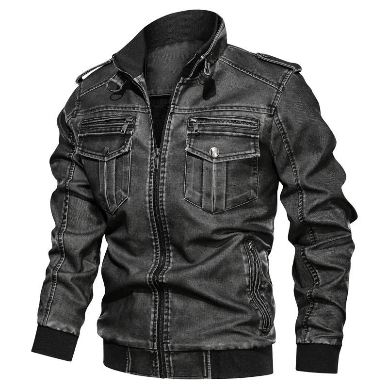 Men PU Leather Stand Collar Solid Zipper Outdoor Casual Tops Coat Jacket | 833