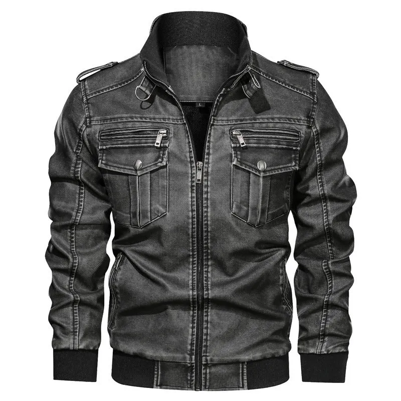 Men PU Leather Stand Collar Solid Zipper Outdoor Casual Tops Coat Jacket | 833