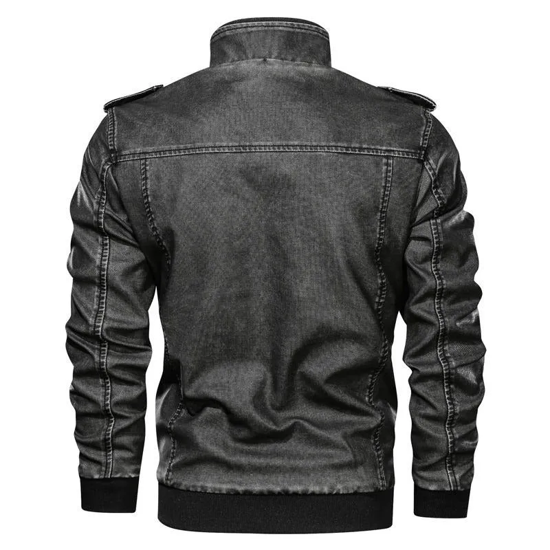 Men PU Leather Stand Collar Solid Zipper Outdoor Casual Tops Coat Jacket | 833