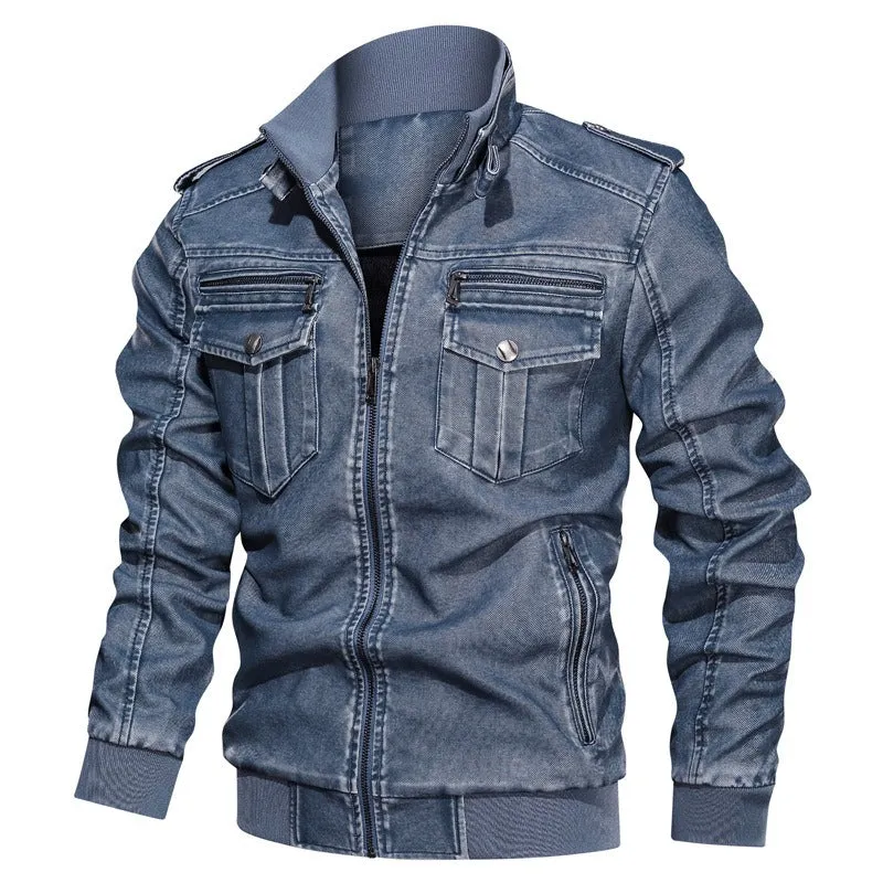 Men PU Leather Stand Collar Solid Zipper Outdoor Casual Tops Coat Jacket | 833