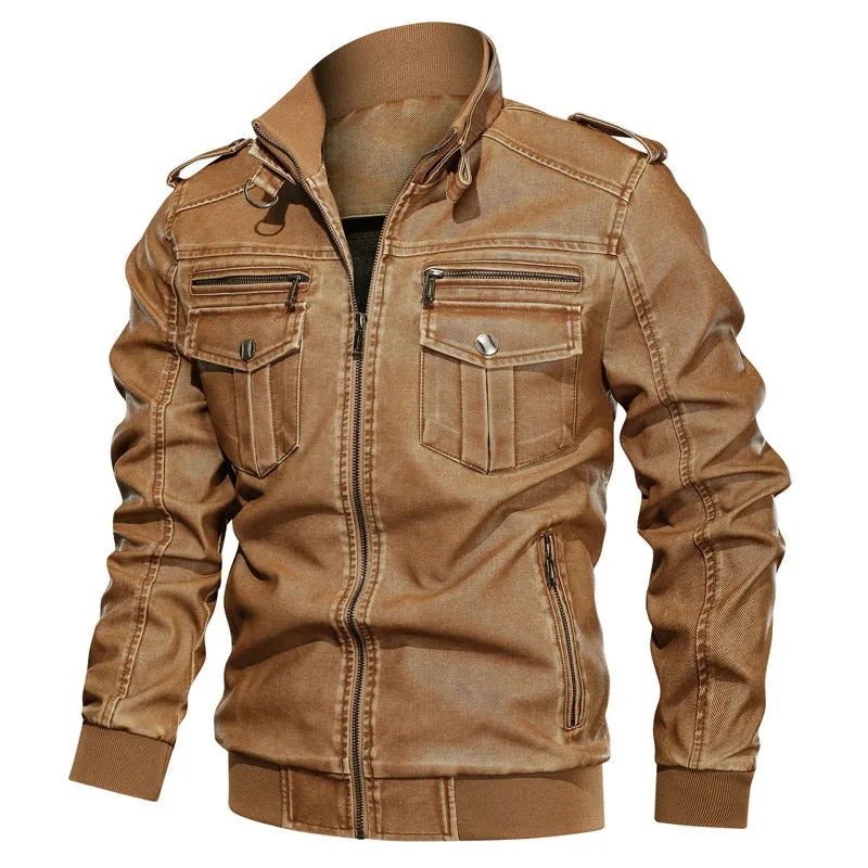 Men PU Leather Stand Collar Solid Zipper Outdoor Casual Tops Coat Jacket | 833