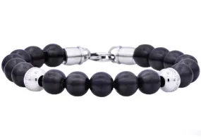 Mens Black Stainless Steel Beaded Bracelet With Cubic Zirconia