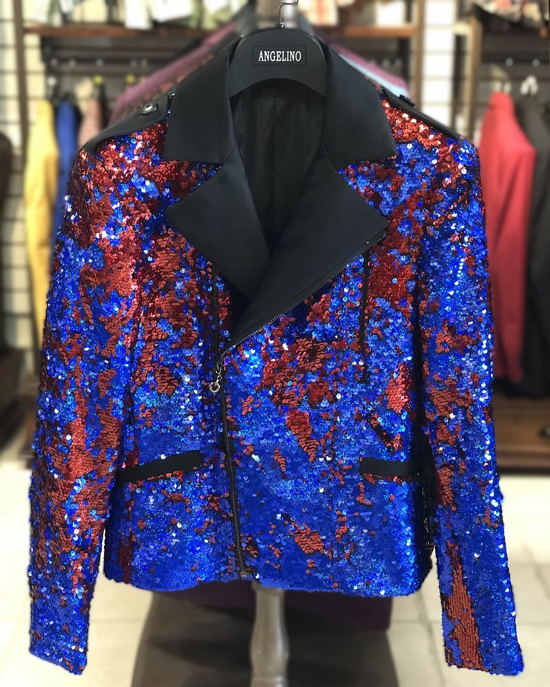 Men's Fashion Jacket - Biker Jacket - Sequin Red/Blue