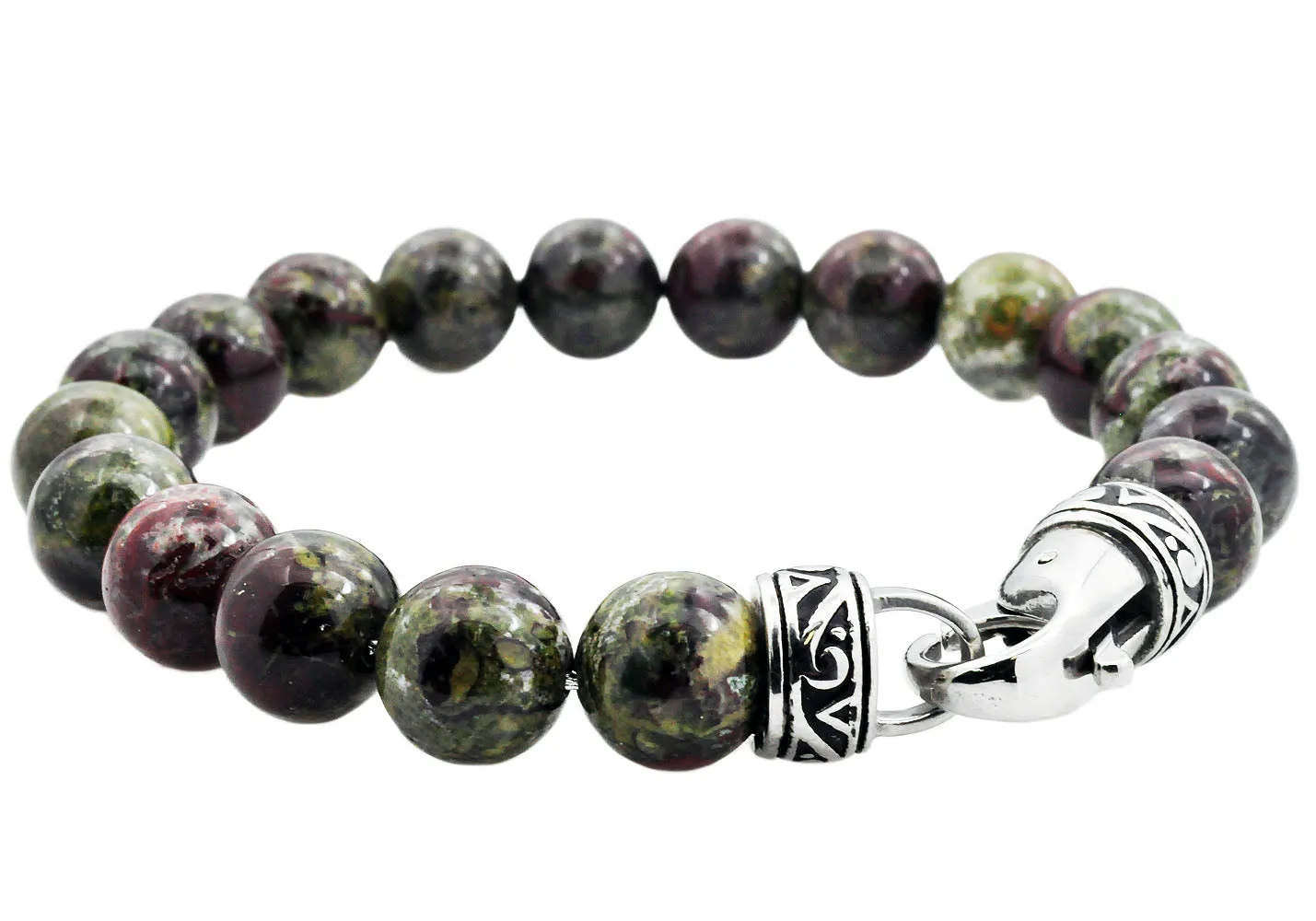 Mens Genuine 10mm Dragon Stone Stainless Steel Beaded Bracelet