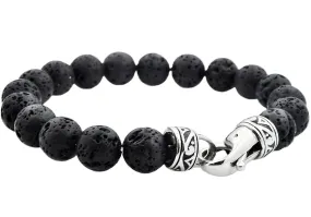 Mens Genuine 10mm Lava Stone Stainless Steel Beaded Bracelet