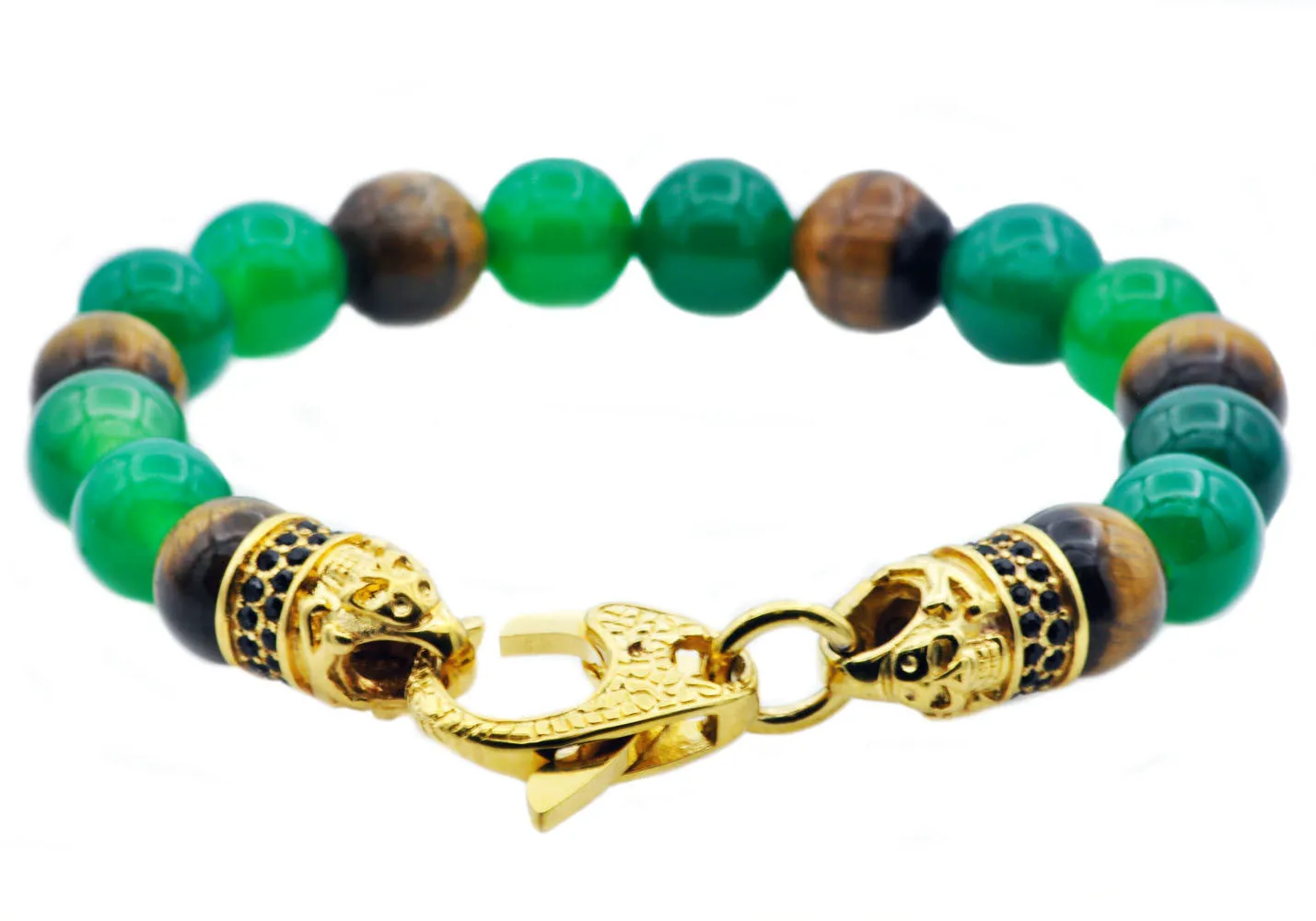 Mens Genuine Green Agate And Tiger Eye Gold Stainless Steel Beaded Bracelet