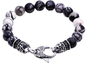 Mens Genuine Silver Leaf Jasper Stainless Steel Beaded Bracelet With Black Cubic Zirconia