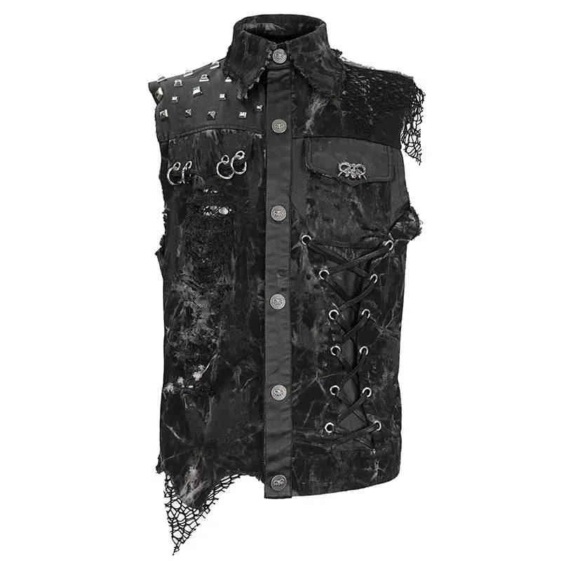 Men's Gothic Mesh Splice Rivet Distressed Wasitcoat