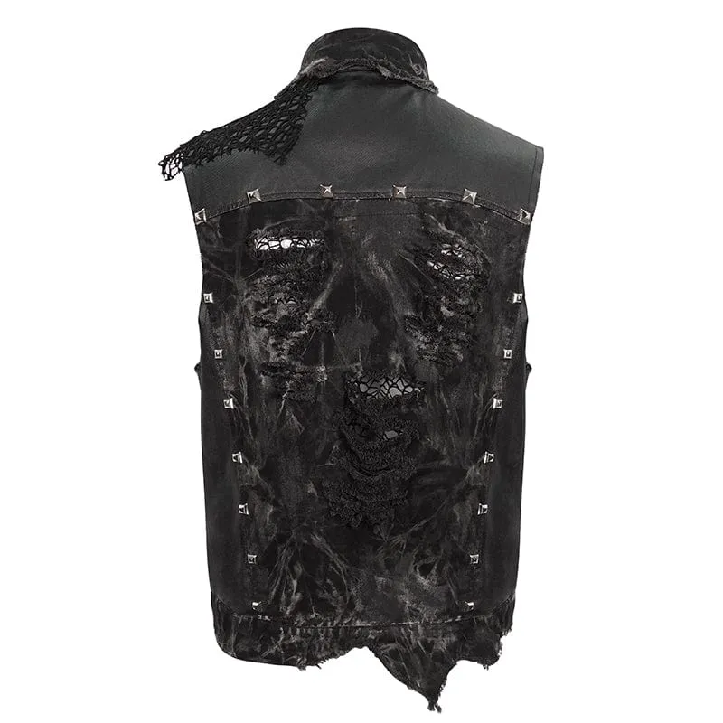 Men's Gothic Mesh Splice Rivet Distressed Wasitcoat