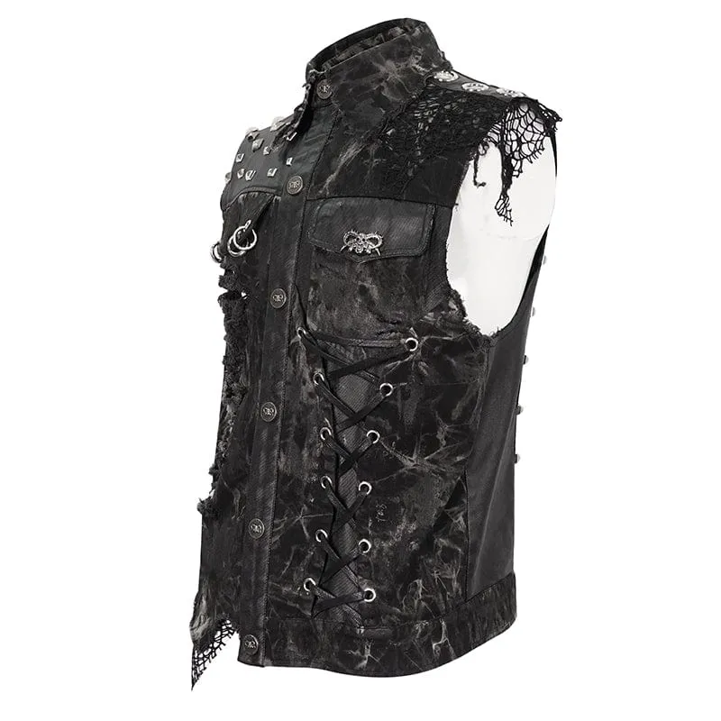 Men's Gothic Mesh Splice Rivet Distressed Wasitcoat