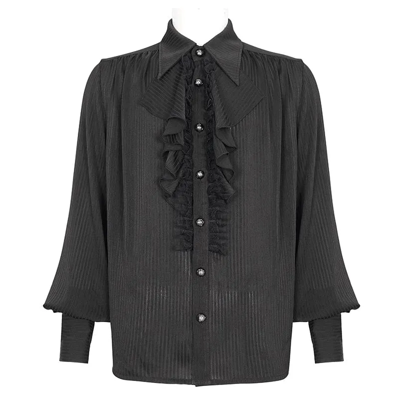 Men's Gothic Puff Sleeved Ruffled Lace Splice Shirt Black