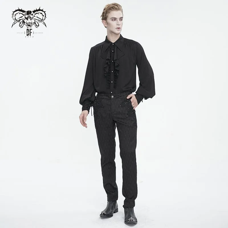 Men's Gothic Puff Sleeved Ruffled Lace Splice Shirt Black