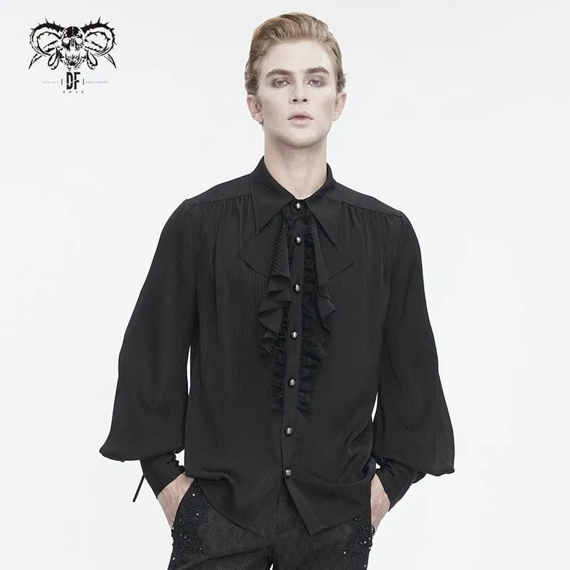 Men's Gothic Puff Sleeved Ruffled Lace Splice Shirt Black