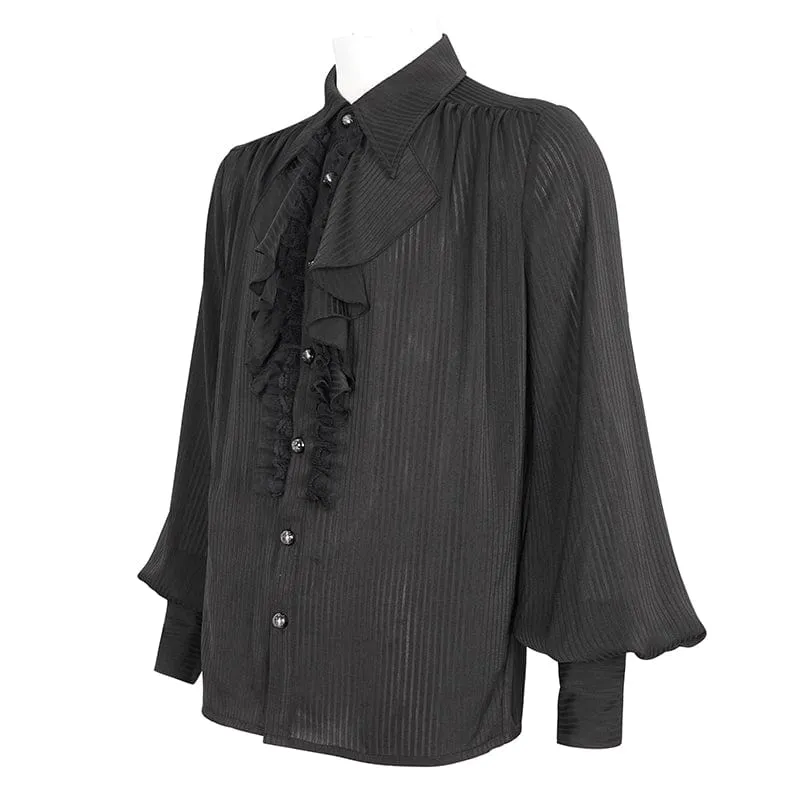 Men's Gothic Puff Sleeved Ruffled Lace Splice Shirt Black