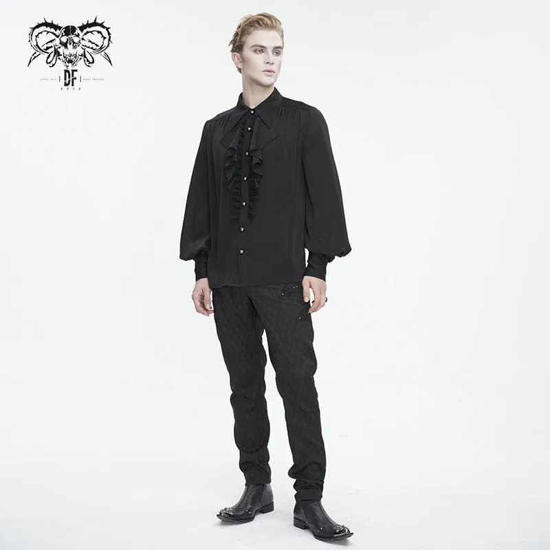 Men's Gothic Puff Sleeved Ruffled Lace Splice Shirt Black