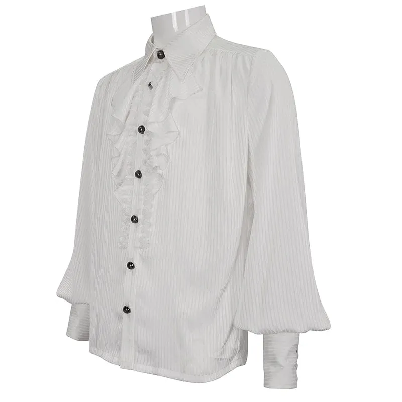 Men's Gothic Puff Sleeved Ruffled Lace Splice Shirt White