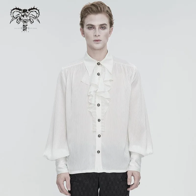 Men's Gothic Puff Sleeved Ruffled Lace Splice Shirt White