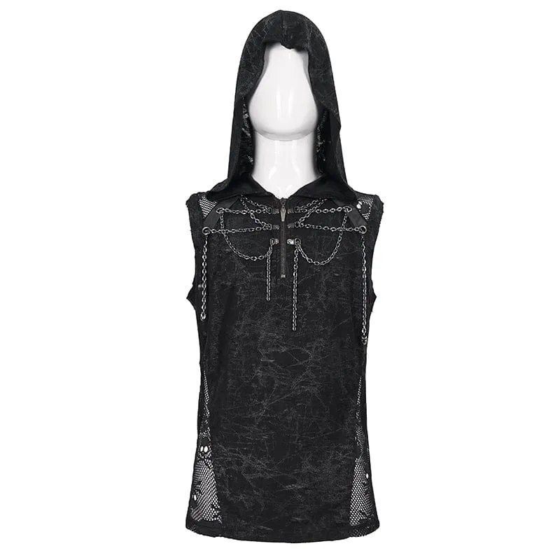 Men's Gothic Skull Mesh Splice Chain Tank Top with Hood