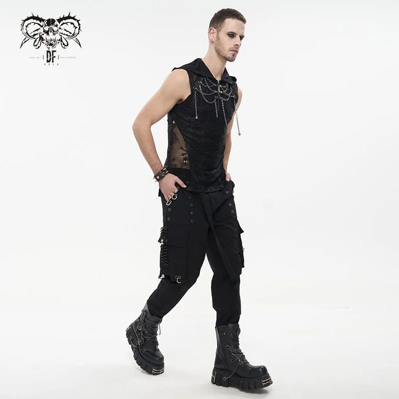 Men's Gothic Skull Mesh Splice Chain Tank Top with Hood