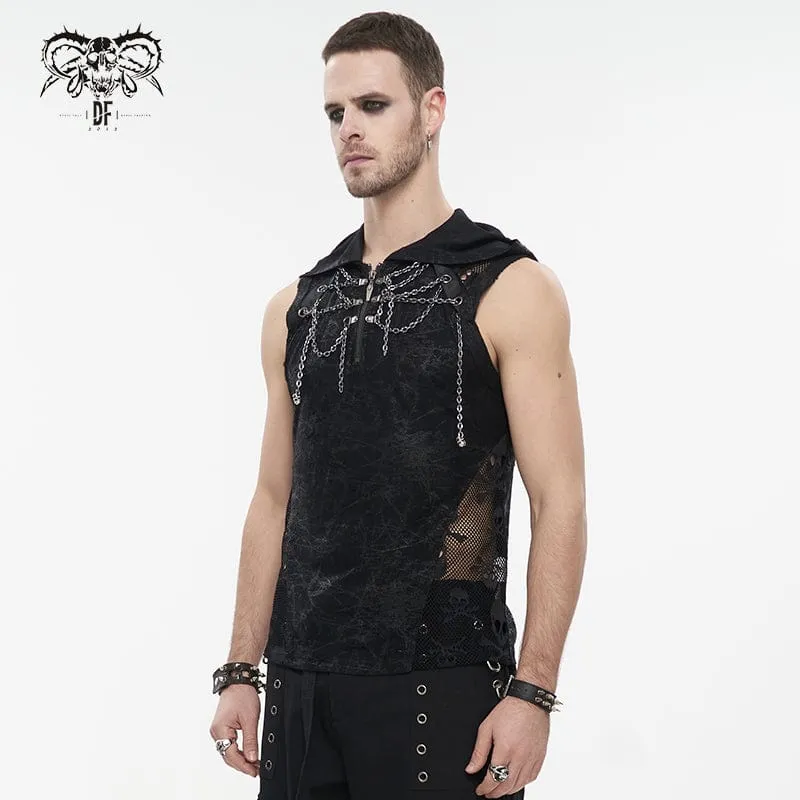 Men's Gothic Skull Mesh Splice Chain Tank Top with Hood