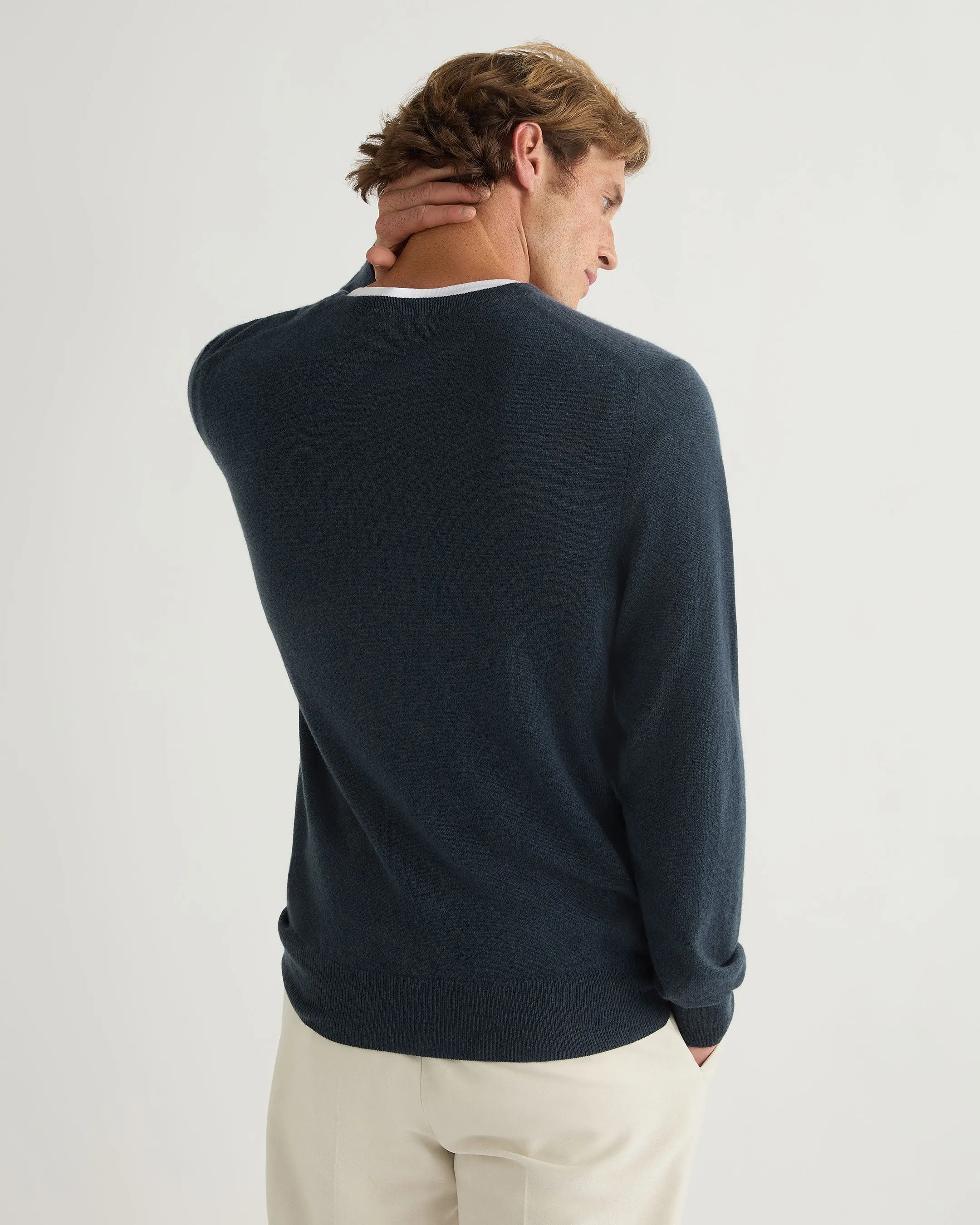 Men's Oxford Round Neck Cashmere Jumper Caviar Blue