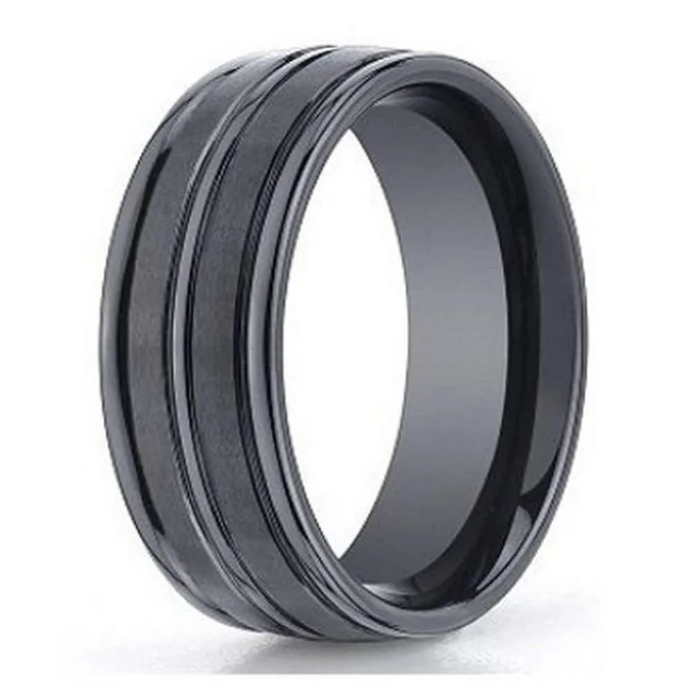 Men's Seranite Designer Wedding Band With Polished Grooves, 8mm