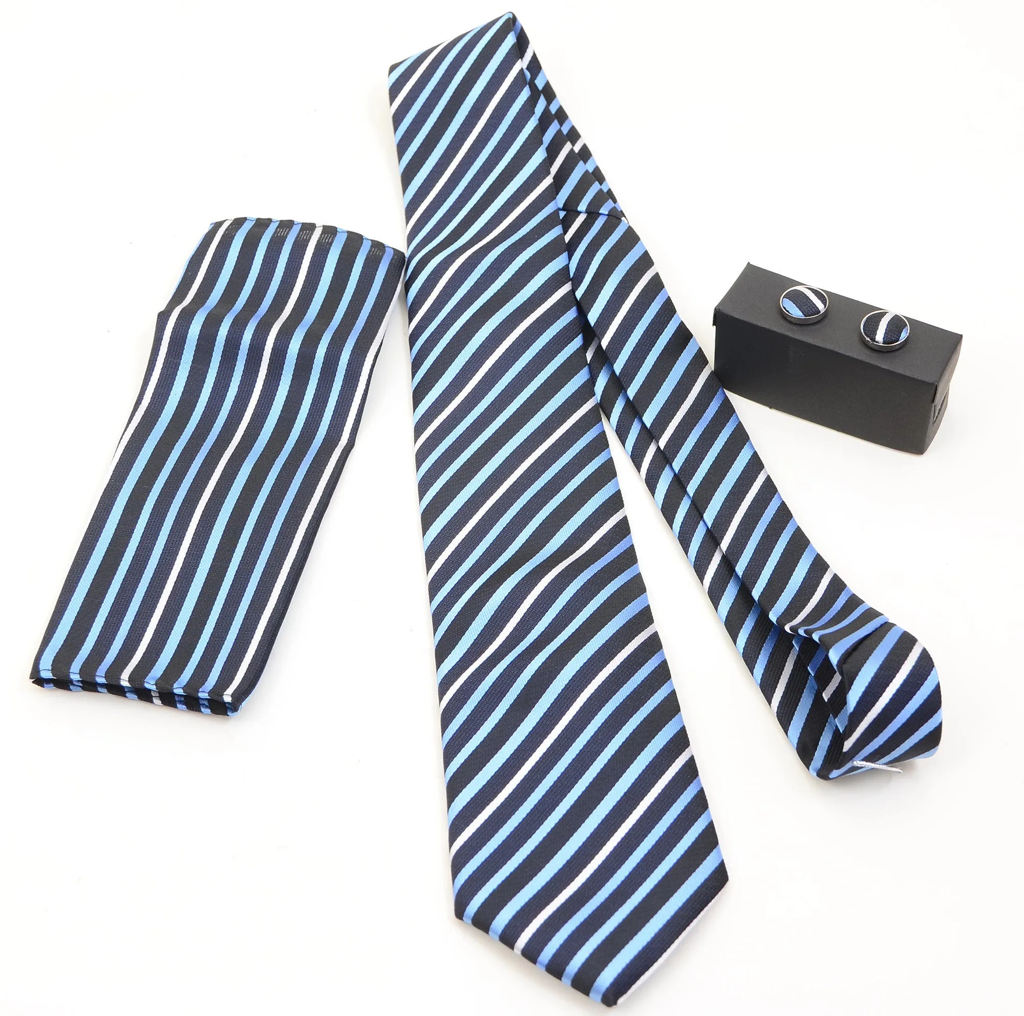 Mens Striped Neck Tie Handkerchief Cuff Link Set Classic