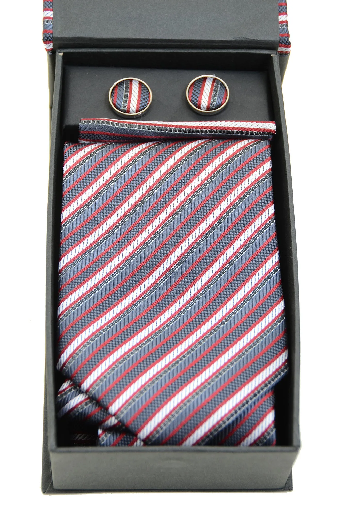 Mens Striped Neck Tie Handkerchief Cuff Link Set Classic