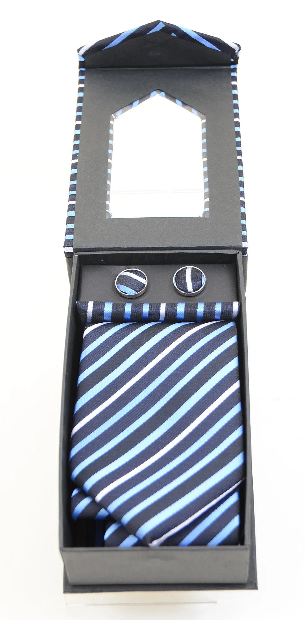 Mens Striped Neck Tie Handkerchief Cuff Link Set Classic