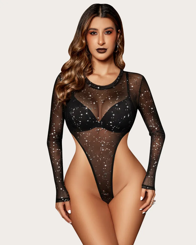 Mesh Bodysuit Sheer Cutout Waist Leotards