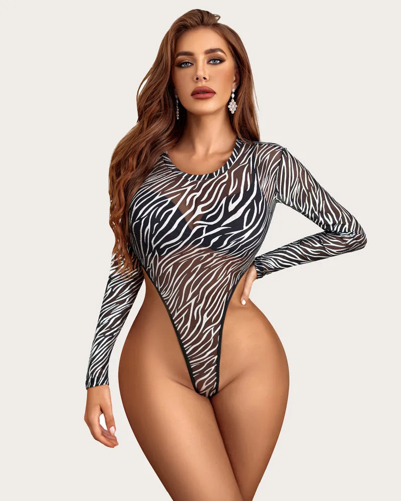 Mesh Bodysuit Sheer Cutout Waist Leotards