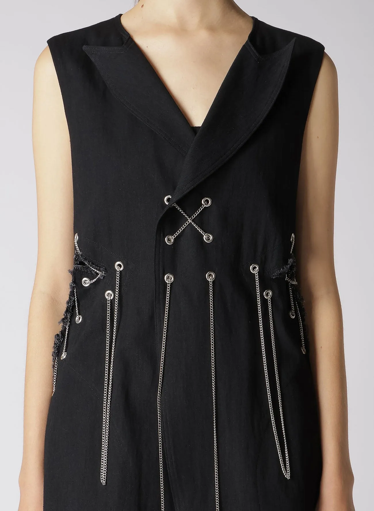 METAL EYELET DENIM SIDE SLIT LONG VEST