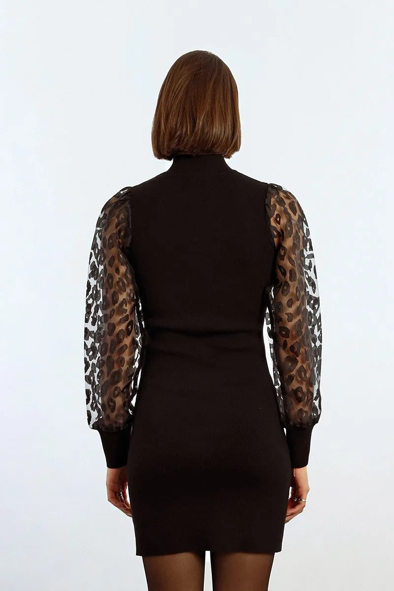 Molly Bracken Black Jersey Dress With Sheer Animal Print Sleeves