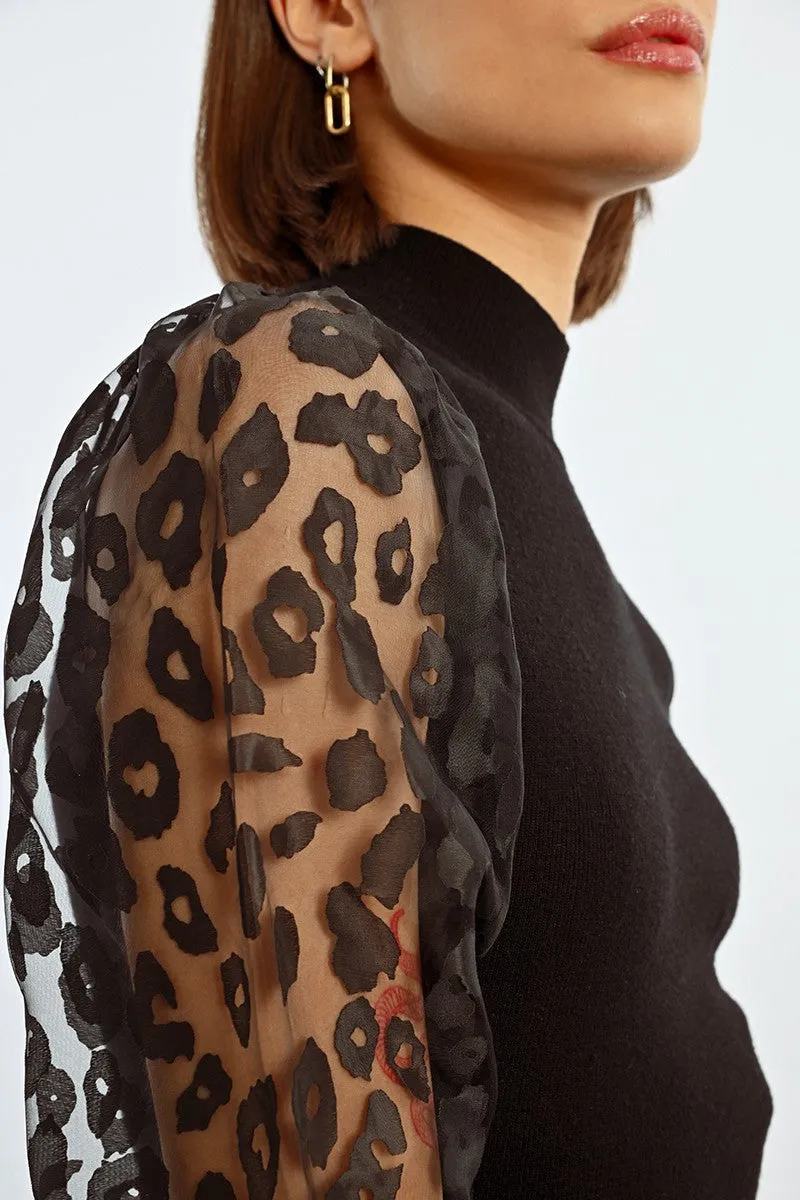 Molly Bracken Black Jersey Dress With Sheer Animal Print Sleeves