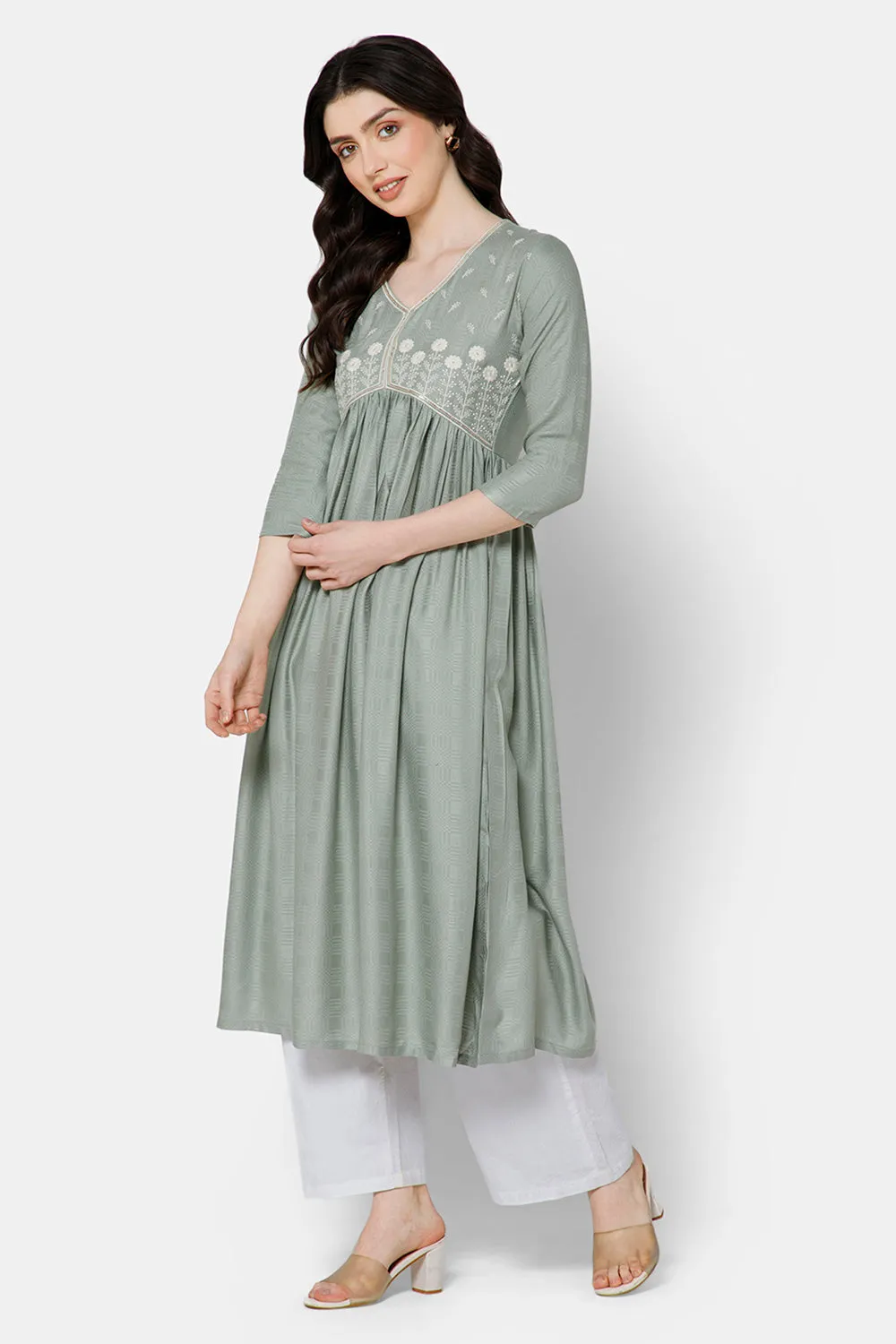 Mythri Women's Ethnic wear Kurthi with Elegant Lace Attachment At The Neckline - Green - E080