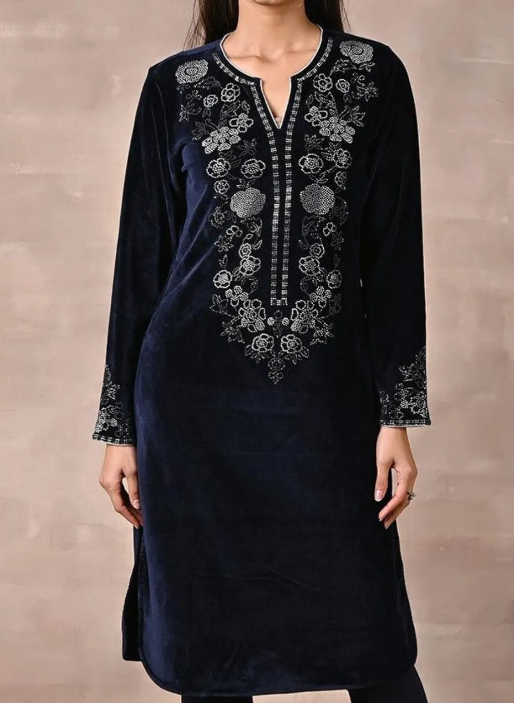 Navy Blue Velvet Kurta with Fine Mirror Beads Work