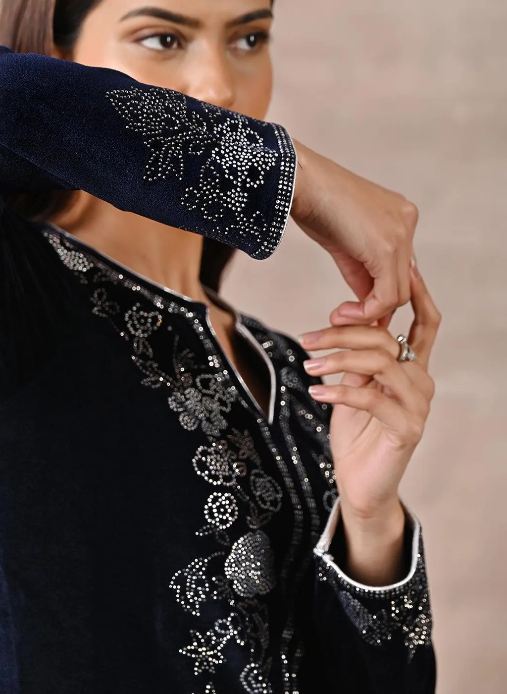 Navy Blue Velvet Kurta with Fine Mirror Beads Work