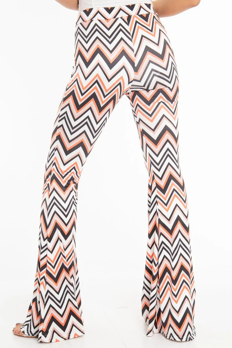 Orange Black and White Zig-Zag Print Flared Trousers - Mianna