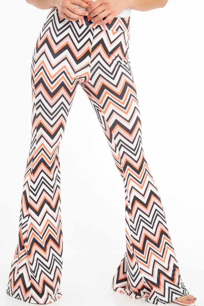 Orange Black and White Zig-Zag Print Flared Trousers - Mianna